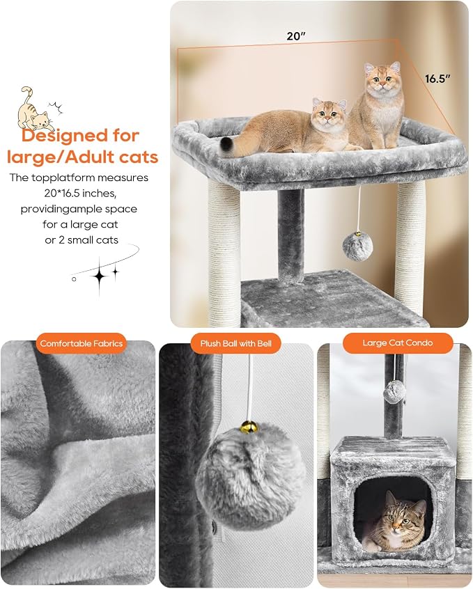 SYANDLVY 27IN Cat Tree for Indoor Cats Large Adult, Modern Activity Tower | Scratching Posts, Condo with Plush Perch, Climbing Stand with Spring Ball for Play, Grey - Image 4