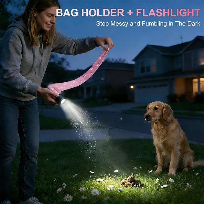 Dog Poop Bag Holder with Flashlight 7-Color, USB-C Rechargeable Poop Bag Displenser for Leashes, IPX6 Waterproof Anti-Slip Clip Pet Waste Bag Holder for Walking (1 Dispenser, 30 Bags) - Image 2