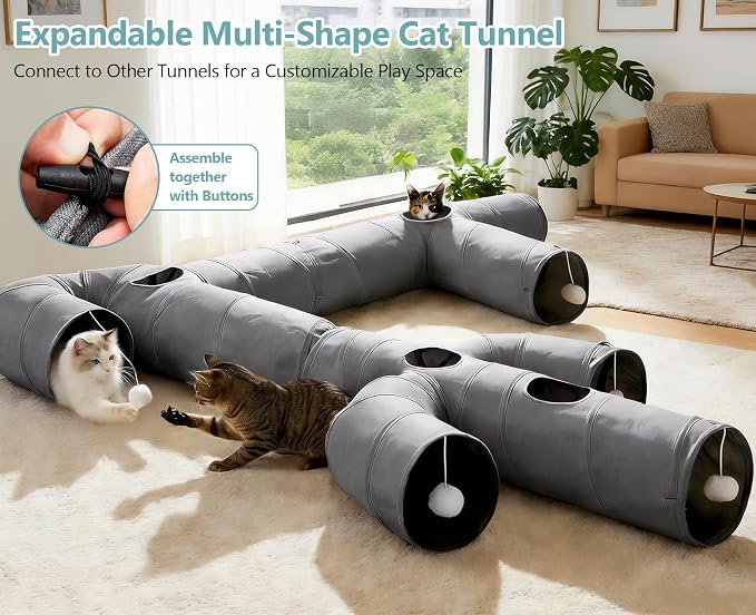 Ownpets Cactus Cat Tunnel 12" with Peek Holes for Indoor Large Cat, Grey | Durable Oxford fabric, noise-free, foldable & connectable, multi-cat friendly, tube for cats up to 20lb, includes ball & wand - Image 9