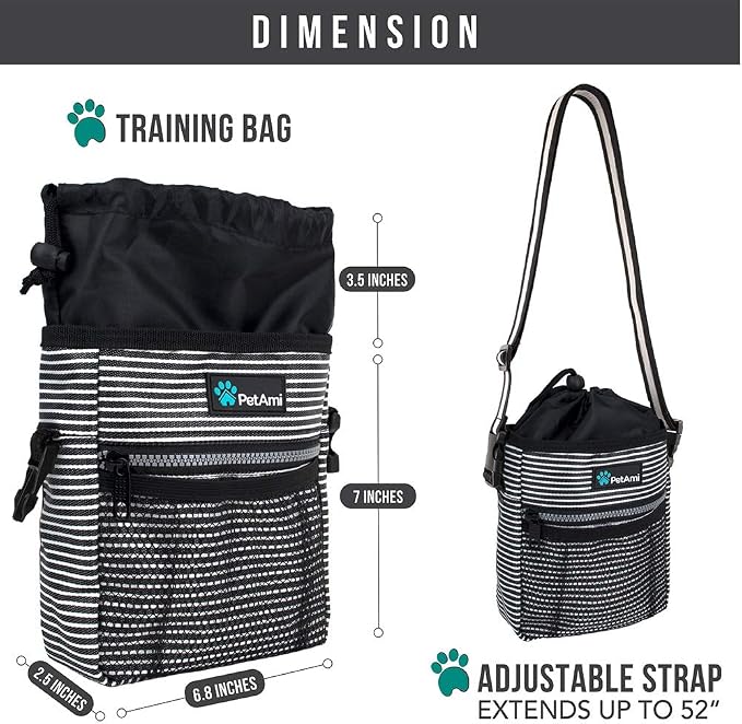 PetAmi Dog Treat Pouch, Pet Treat Pouch For Training, Dog Walking Bag Holder for Kibbles, Pet Food Toy, Dog Trainer Essentials Supplies, Poop Bag Dispenser, 3 Ways to Wear (Black Stripes) - Image 6