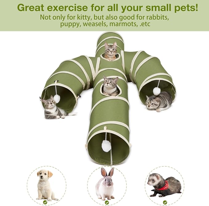 Ownpets Cactus Cat Tunnel 10" with Peek Holes for Indoor Large Cat, Green | Durable Oxford fabric, noise-free, foldable & connectable, multi-cat friendly, tube for cats up to 20lb, includes ball & wand - Image 7
