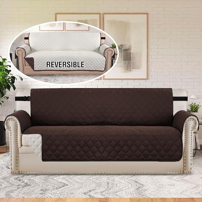 H.VERSAILTEX Sofa Slipcover Reversible Sofa Cover Seat Width Up to 66" Water Resistant Couch Cover with Elastic Strap Quilted Furniture Protector for Pets(Sofa, Brown/Beige) - Image 3