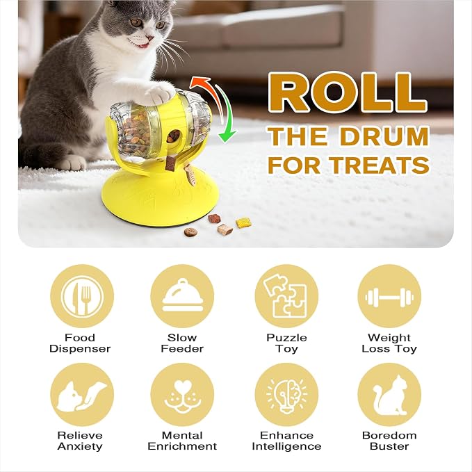 Rotating Interactive Cat Treat Dispenser Toy - Slow Feeder Puzzle for Indoor Cats-Yellow - Image 2