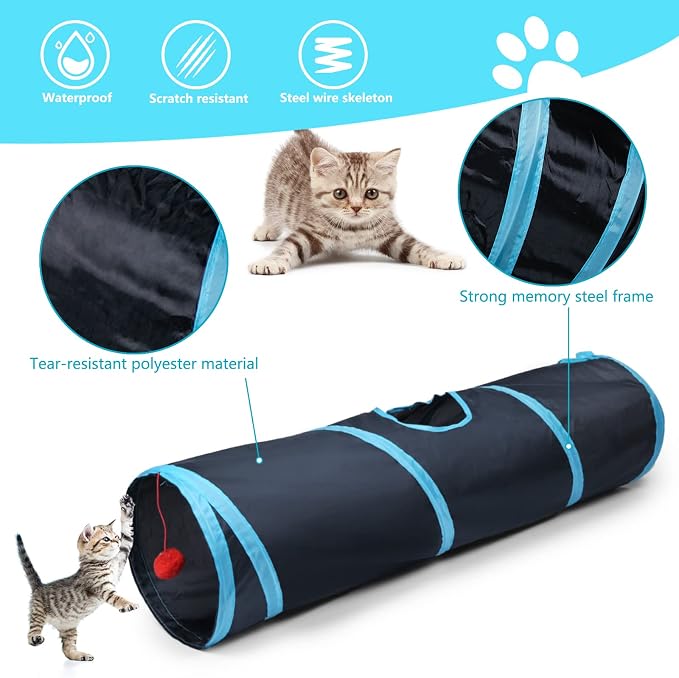 Sheldamy Cat Tunnel, 2-Way Collapsible Play Tunnel, Interactive Toy Maze for Small Animals, Suitable for Kittens, Puppies, Rabbits, Ferrets, Blue & Black - Image 3