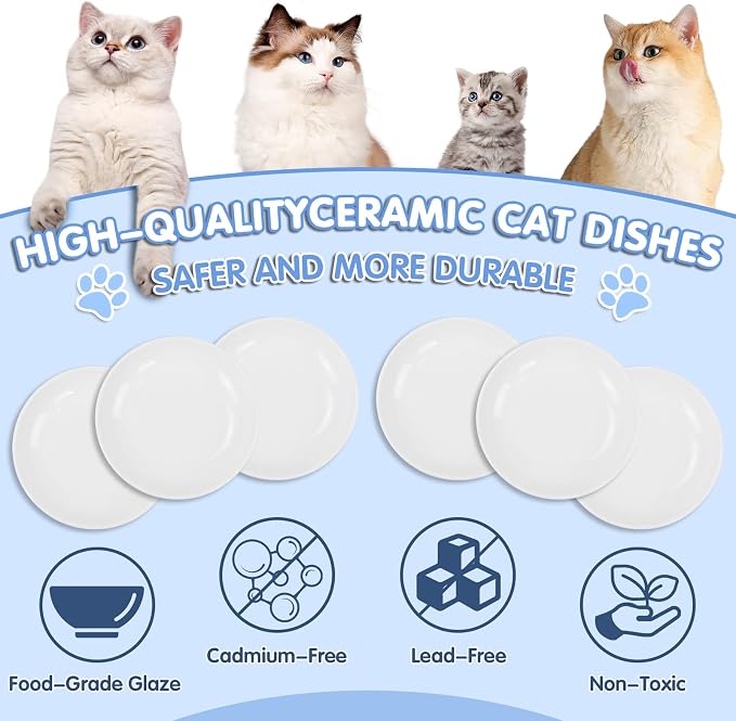 6 Pack Cat Food Bowl, Ceramic Cat Bowls, Anti Whisker Fatigue Cats Bowl Set | 5.5 Inches Shallow Wide Kitten Plates for Food and Water (White-C) - Image 5