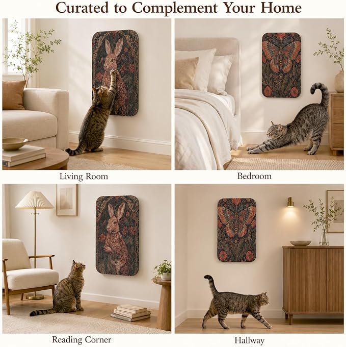 2 Pack Cat Wall Scratcher, Art Cat Scratching Board for Cats | Wall Mounted Cat Scratch Pad, Water-Based Ink, Hook&Loop Strips, Floor or Wall Use, 16.7x11x1 Inch, Butterfly & Rabbit - Image 9