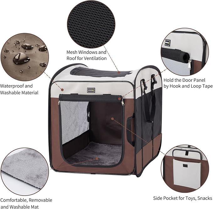 DONORO Dog Kennels and Crates for Medium Dogs, Portable Pop Up Indoor Pet Cage with Sturdy Wire Frame, Collapsible Travel Crate Soft Sided Cat Bag Escape Proof (Brown, 28.0" L x 18.0" W x 22.0" H) - Image 2