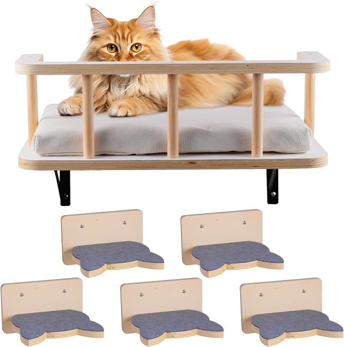 Large Cat Wall Shelves with 5 Steps - Heavy Duty Cat Wall Furniture, Climber, Shelves & Perches with Comfy Cushion & Guardrails, Space-Saving for Indoor Cats(Dark) by EKIORI