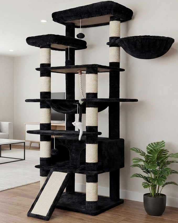 Heybly Tall Cat Tree 78-inch Multi-Level Cat Tower for Indoor Cats HCT033G | Cat Condo with 2 Widened Plush Perches, Multi-Level Cat Furniture with Scratching Board, Big Caves, Smoky Gray by HEYBLY