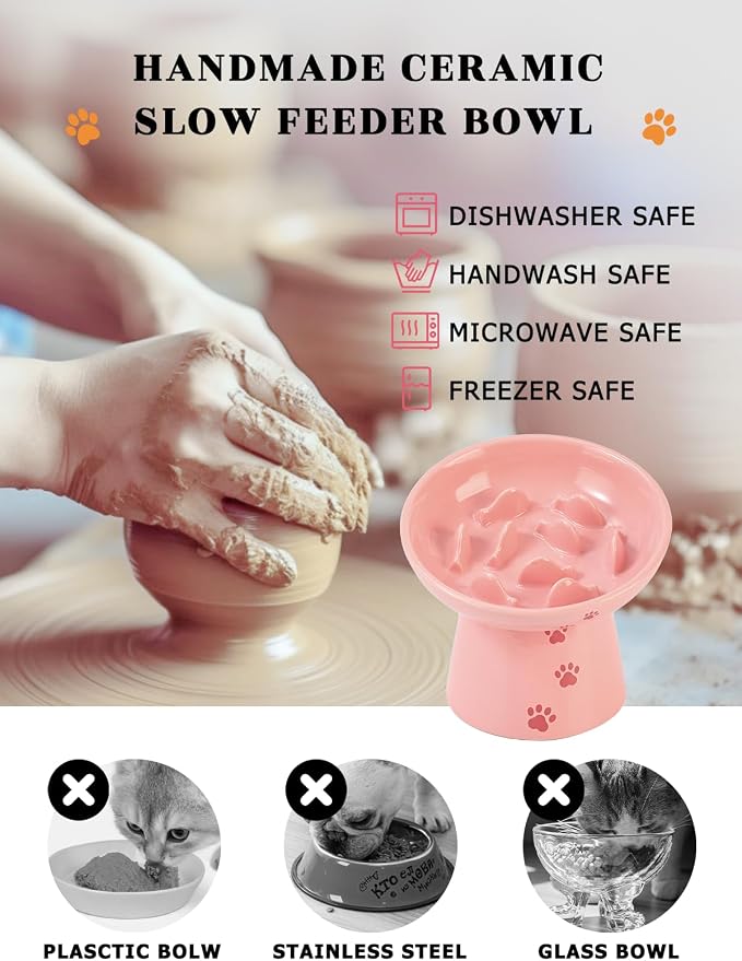 Y YHY 6 Inch Slow Feeder Bowl, Elevated Dog & Cat Bowl, Ceramic, Anti Vomiting, Pink - Image 6