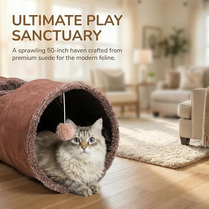 51"x 12" Collasiple Cat Play Tunnel, Cats Tubes and Tunnels, Cat Foldable Hide and Seek Tunnel Toy, Brown Suede Pet Tube Toy for Rabbits, Ferrets, Puppy, Diameter 12 Inch - Image 6