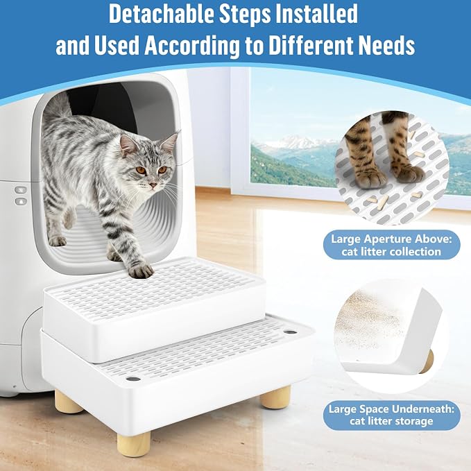 Extra Large 2 Steps Cat Litter Box Step Ramp, Cat Litter Catcher Mat with Wooden Feet, Filter Function, Cat's Pedal Stool for Self-Cleaning Litter, Suitable Kitten & Elderly Cats (White) - Image 3