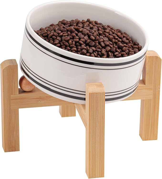 Elevated/Raised 15°Tilted Anti Slip Ceramic Dog Bowl for Small/Medium Breeds,Slanted Bulldog Big Face Pet Food Water Feeding Dish with Stand for Cats and Dogs (3.6 Cups/28 OZ) Black Striation by DJJJOOYSCeramicDogBowl