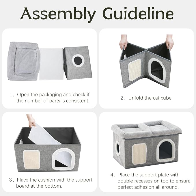 WINDRACING Cat House for Indoor Cats - 24.4" W Extra Wide Cat Bed Cave for Double Small Cats and Foldable with Scratch Pad, Cat Hideaway Condo for Kitten, 24.4x16.9x14.2 Inches, Light Grey - Image 6