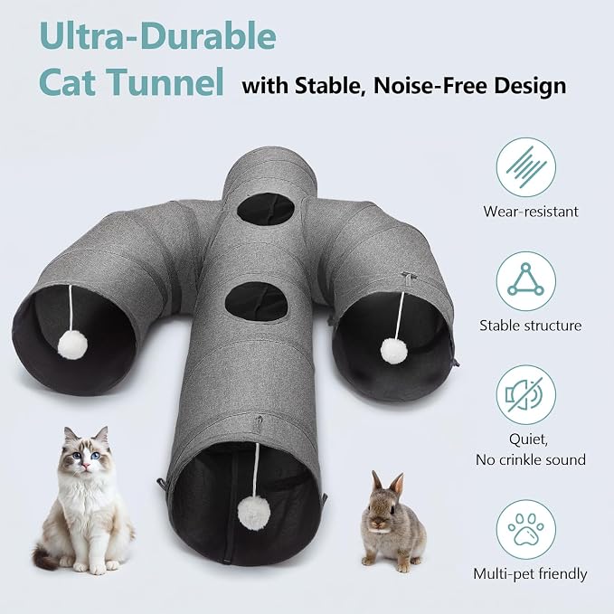 Ownpets Cactus Cat Tunnel 12" with Peek Holes for Indoor Large Cat, Grey | Durable Oxford fabric, noise-free, foldable & connectable, multi-cat friendly, tube for cats up to 20lb, includes ball & wand - Image 7