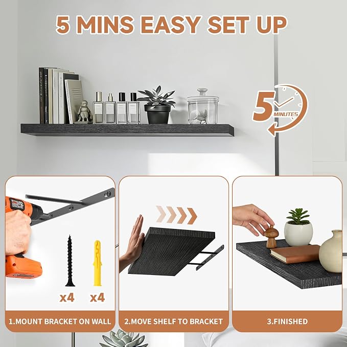 Easy Install Floating Shelves, Wall Mounted Wood Shelf,15.7 Inch | Hanging Shelf for Home Decor, Books and Storage, Small Organizer for Bedroom, Bathroom, Kitchen,Easy Floating Shelves ,Black - Image 3