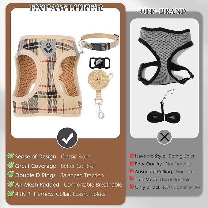 Plaid Small Dog Harness and Leash Set with AirTag Holder - Soft Padded Step in Dog Vest Harness Medium Sized Dog, No Pull Reflective Puppy Harness, Collar and Leash for Walking, Khaki XS - Image 9