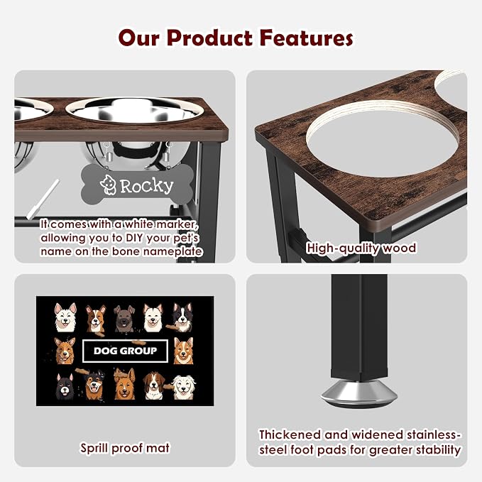 SHAINFUN Elevated Dog Bowls with Slow Feeder & Mat for Medium and Large Dogs, 12" Tall Adjustable Wooden & Metal Raised Dog Bowl Stand, 2 Stainless Steel 58oz Bowls for Food & Water - Image 4
