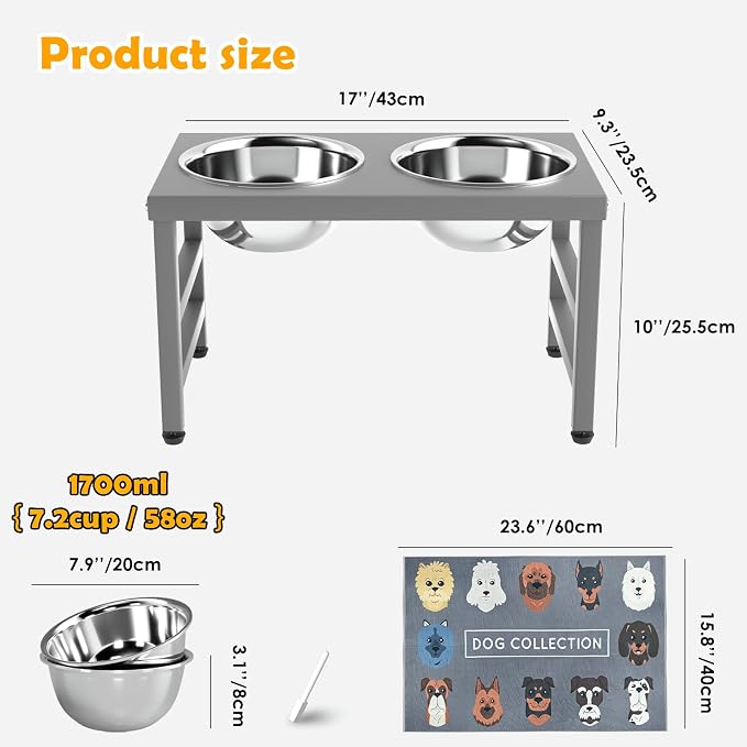 10'' Metal Raised Dog Bowl Stand, Elevated Dog Bowls with 2 Stainless Steel Bowls (1700ml/58oz) & Anti-Spill Mat for Medium/Large Breeds,Gray - Image 3
