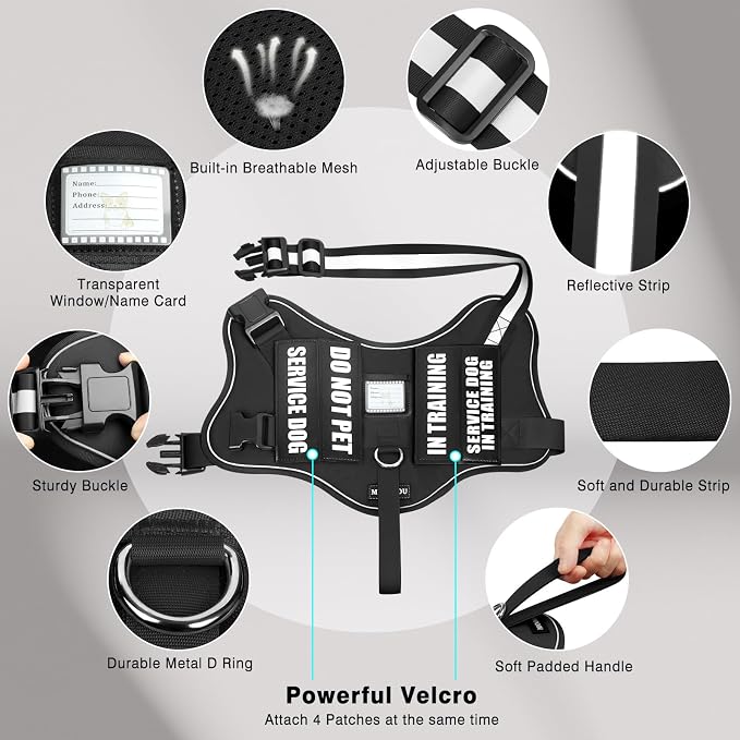 Service Dog Vest Harness and Leash Set+10 Patches,No Pull&Easy Walk Reflective Dog Harness with Soft Padded Handle for Training/Everyday,Fit Small/Medium/Large/Extra-Large Dogs (Black S) | No Pull&Adjustable Reflective Dog Harness Small Sized,Dog Leash... - Image 3