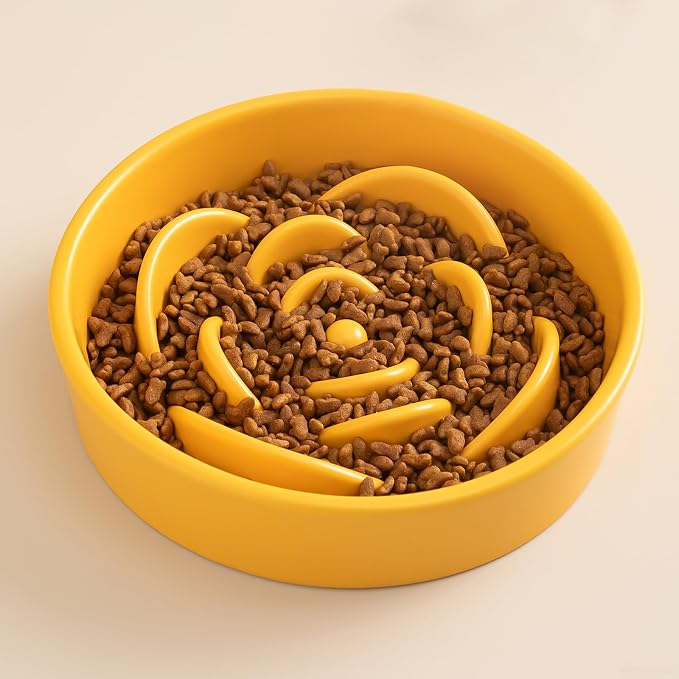 8.25'' Ceramic Slow Feeder Dog Bowls - Petal Shape Modern Dog Food Dish for Medium and Large Breeds, Puzzle Maze Bowl to Slow Down Eating, Anti-Gulping, Dishwasher & Microwave Safe, Yellow - Image 7