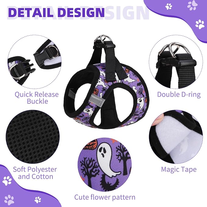 KOOLTAIL Halloween Dog Harness and Leash Set for Small Medium Dogs, Step in No Pull Soft Mesh Harness Comfort Padded Pet Vest, Adjustable Reflective Easy Walking Puppy Cats Harness Training, Ghost S - Image 2