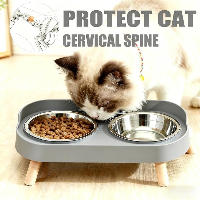 Elevated Cat Bowls, 2 Stainless Steel Raised Cat Food and Water Bowl Set, Splash Proof & Non-Slip, Whisker Fatigue Friendly, Dishwasher Safe for Cats and Small Dogs - Gray - Image 2