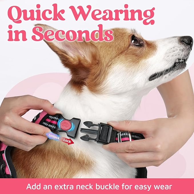 rabbitgoo Dog Harness Medium Sized, No Pull 3 Buckles Easy On & Off | Soft Padded, Walking with Control Handle, Adjustable and Reflective, Pink, Medium - Image 2