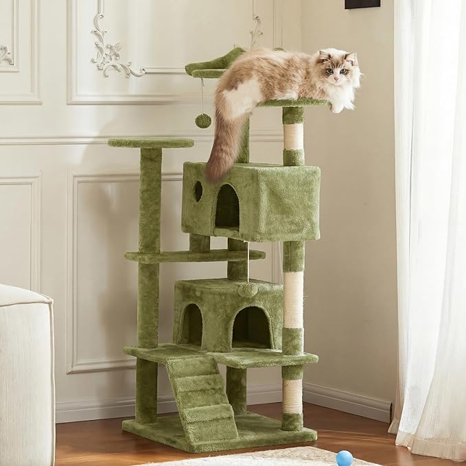 Sweetcrispy 54-inch Cat Tree Tower with Scratching Posts, Indoor Use | Multi-Level Indoor Cat Tree Condo with Climbing Ladder, Plush Toy, Play House for Kitten, Green - Image 2