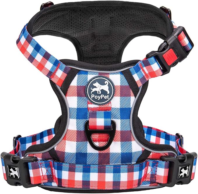 PoyPet Plaid Dog Harness Large, No Pull Vest with Front Clip & Neck Buckle | Padded Handle, Reflective, No Choke, Lockable, 2 Leash Rings, Full Adjustable, for Training Walking, XL, Checkered Blue by PoyPet