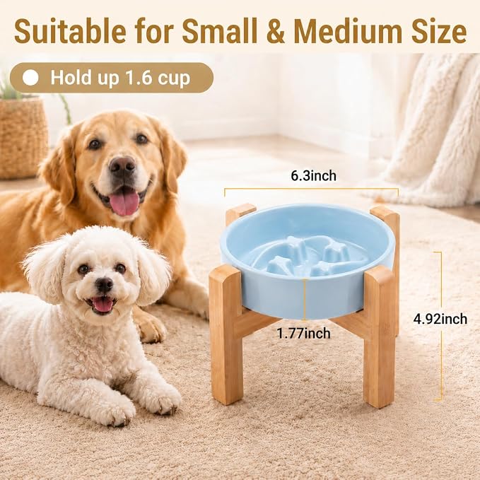 Elevated Ceramic Slow Feeder Dog Bowls Anti-Choking Slow Feeding for Small&Medium Size Anti-Slip Non-Lead & Toxic Durable Easy to Clean Maze Slow Feeder Bowl（8.26in Mint Blue Stars Pattern） - Image 3