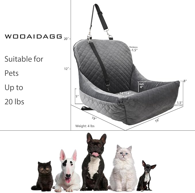 WOOAIDAGG Dog Car Seat,Fully Detachable and Washable Cover,Easy to Assemble,Comfy Cushion Fill in Memory Foam,2 Clip-On Safety Leashes and Storage Pockets (Grey) - Image 2