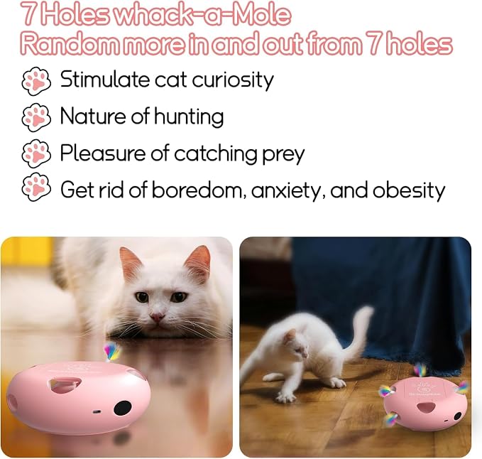 Interactive Cat Toy, Pink | Electric for Moving Concealed Feathers, Smart Sensor 7 Holes Whack a Mole Feather Toy, USB Charge Automatic - Image 6