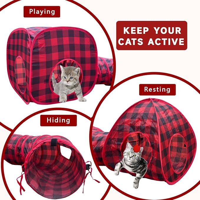 Cat Tunnels for Indoor Cats with Cube Tent Toys Combo, Interactive Collapsible Tent for Hiding Hunting and Resting, Pet Tube with Toy Bell for Kitten, Rabbit, Puppy, Ferret - Set of 3 - Image 5