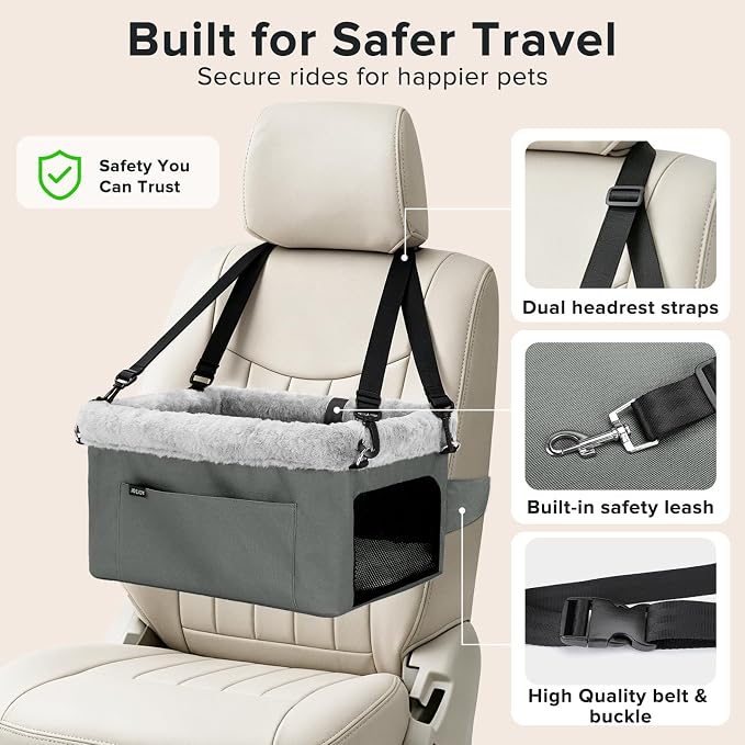 JOEJOY Deluxe Dog Booster Seat with Sturdy Metal Frame and Safety Leash for Small Pets up to 20 lbs - Portable Puppy Dog Car Seat with Thick Cushion and Storage Pockets for Small Dogs - Image 3