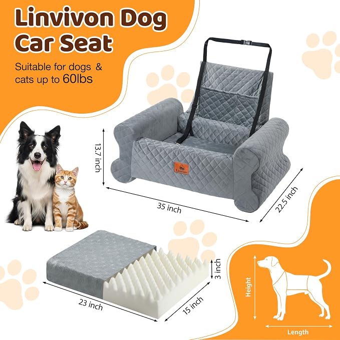 Dog Car Seat for Medium/Large Dogs up to 60LBS Memory Foam Dog Booster Seat | with Thick Cushion, Pet Car Seat for Back with Detachable Washable Cover, Storage Pockets for SUV, Pick Up, Trunk, Grey - Image 2