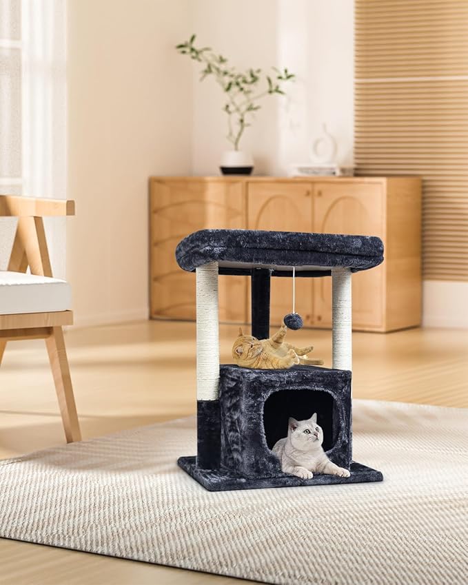 SYANDLVY 27IN Cat Tree for Indoor Cats Large Adult, Modern Activity Tower | Scratching Posts, Condo with Plush Perch, Climbing Stand with Spring Ball for Play, Smoky - Image 2