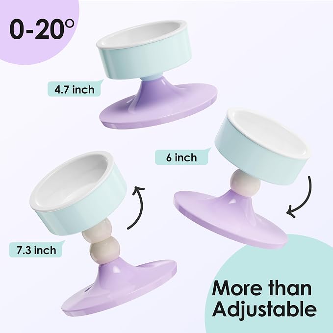 Ceramic Elevated Raised Cat Bowls,3 Heights Adjustable Raised Dog Bowl Stand for Indoor Cats and Small Dogs,15° Tilted Cat Food Feeding Dishes，Adjusts to 4.69", 5.98", 7.28" (Pink & White) - Image 4
