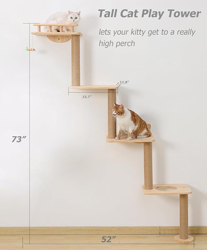 Cat Tree Wall Mounted with 4 Levels Shelves, 73" Wood Corner Tower Inside Kitten Scratching Post for Climbing,Perching and Lounging (Right to Left) - Image 5