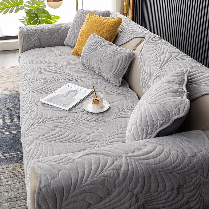 Couch Covers Plush Quilted Sofa Covers for Sectional Sofa Washable | Palm Leaves Couch Cover Chenille Non Slip Sofa Covers Soft Sofa Slipcover Furniture Protector for Pets Kids Children Dogs Cat - Image 7