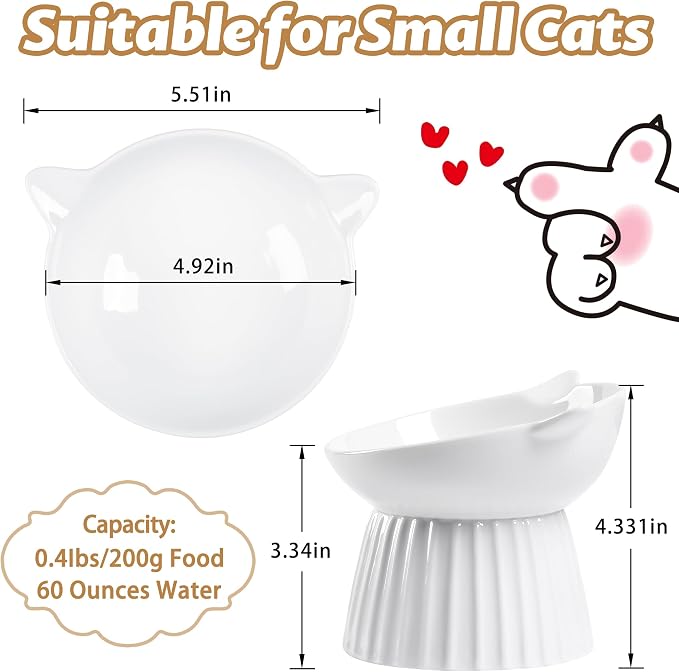 Ceramic Raised Cat Bowl，Tilted Raised Bowl Anti Vomit for Indoor Cats Whisker Friendly Pet Feeder for Cats Puppies, Microwave and Dishwasher Safe (White-2 Pack) - Image 2