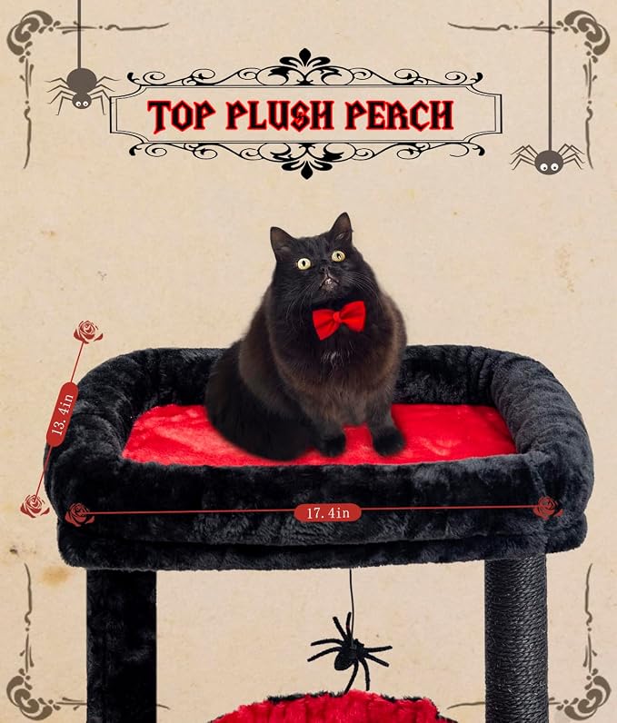 SYANDLVY Gothic Cat Tree with Coffin Bed for Indoor Cats, Activity Tower | Scratching Post for Kittens, Cat Condo Furniture with Basket & Spider Hanging Ball for Play Rest - Image 6