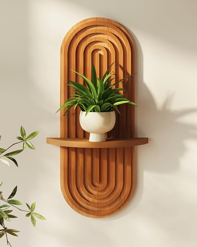 Bamworld Boho Wall Decor Plant Wall Shelf Wooden Plant Holder Brown | Mid Century Modern Decor Hanging Plant Shelf Wood Floating Shelves for Home Bedroom Living Room Holding Planter Decoration by Bamworld