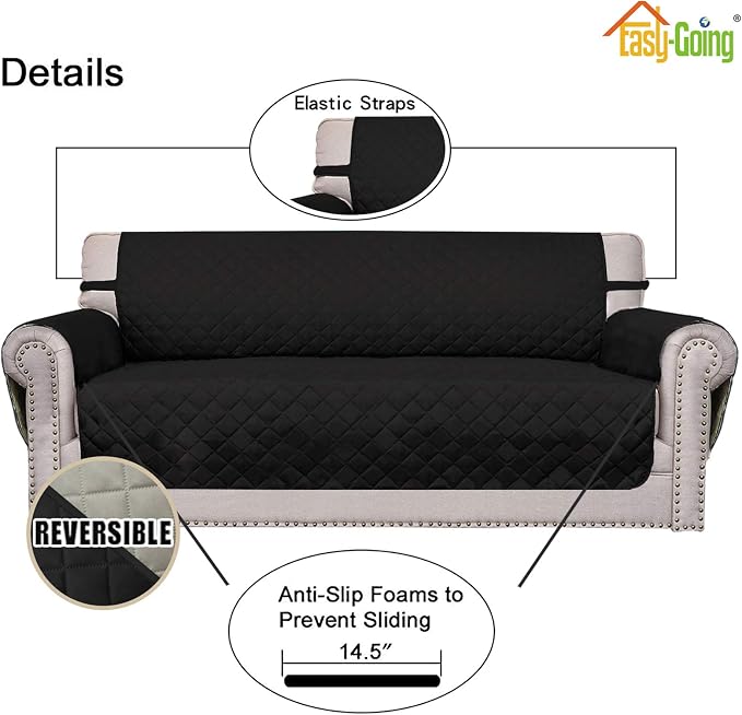 Easy-Going Reversible Couch Cover, 2 Cushion Sofa, Black/Beige | Oversized Loveseat Slipcover For Dogs, Water Resistant Mat, Living Room, Non-Slip Sofa Cover, Pet Friendly - Image 3