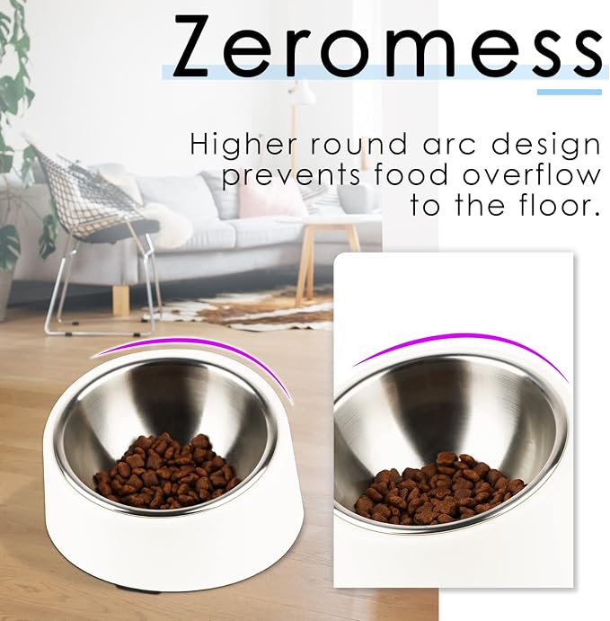 SUPERDESIGN Anti-Vomiting 15° Slanted Pet Bowl S/0.5 Cup White | 15° Tilted, Anti-Vomit & Neck Relief, Non-Slip Base, Detachable Stainless Steel Liner, Dishwasher Safe, for Cats & Dogs - Image 7