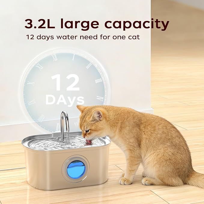 108 oz/3.2L Cat Water Fountain Stainless Steel with Water Level Window | Cat Fountain: Durable, Ultra-Quiet Operation, Large-Capacity Pet Fountain - Image 2