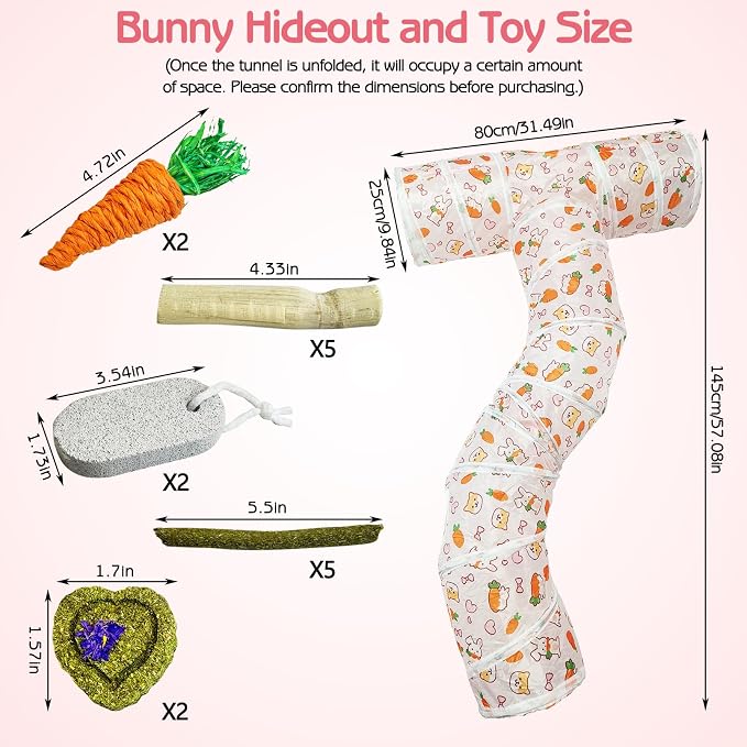 PINVNBY Large Rabbit Tunnel，Collapsible Rabbit Tunnels for Indoor Bunnies Bunny Hideout with 5 Types of Chewing Toys for Ferret Kitten Small Animals (T Shape) - Image 2