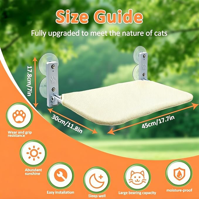 Regular Beige Cat Window Perch – Cordless Foldable Hammock Bed, Zip‑Off Machine Washable Cover, Sturdy Metal Frame Window Bed for Cats and Kittens - Image 2