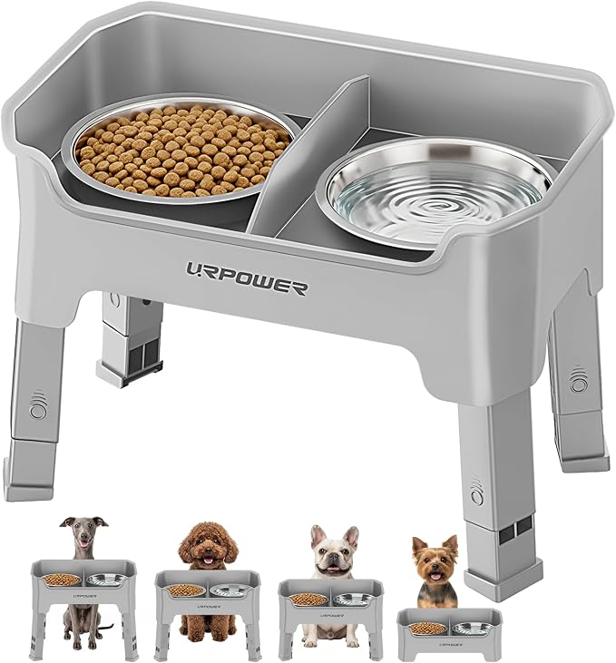 URPOWER Mess Proof Elevated Dog Bowls, Splash Guard Raised Bowl Stand | 4 Adjustable Heights, 2 Stainless Steel Bowls, Food & Water Separation, Non-Slip Base, Foldable Design for Small Dogs by URPOWER