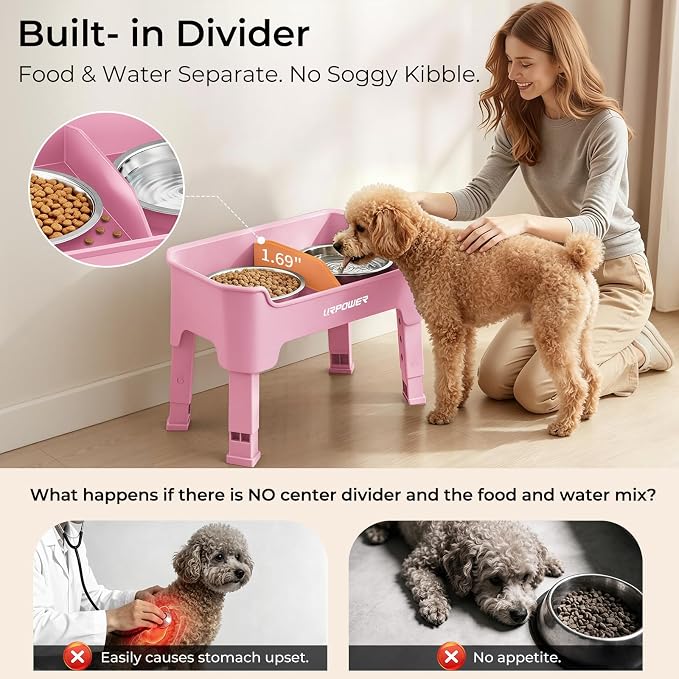 URPOWER Mess Proof Elevated Dog Bowls, Splash Guard Raised Bowl Stand | 4 Adjustable Heights, 2 Stainless Steel Bowls, Food & Water Separation, Non-Slip Base, Foldable Design for Small Dogs - Image 5